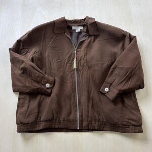Melrose Studio Jacket Womens Large Brown 100% Silk Full Zip Collared Bomber
